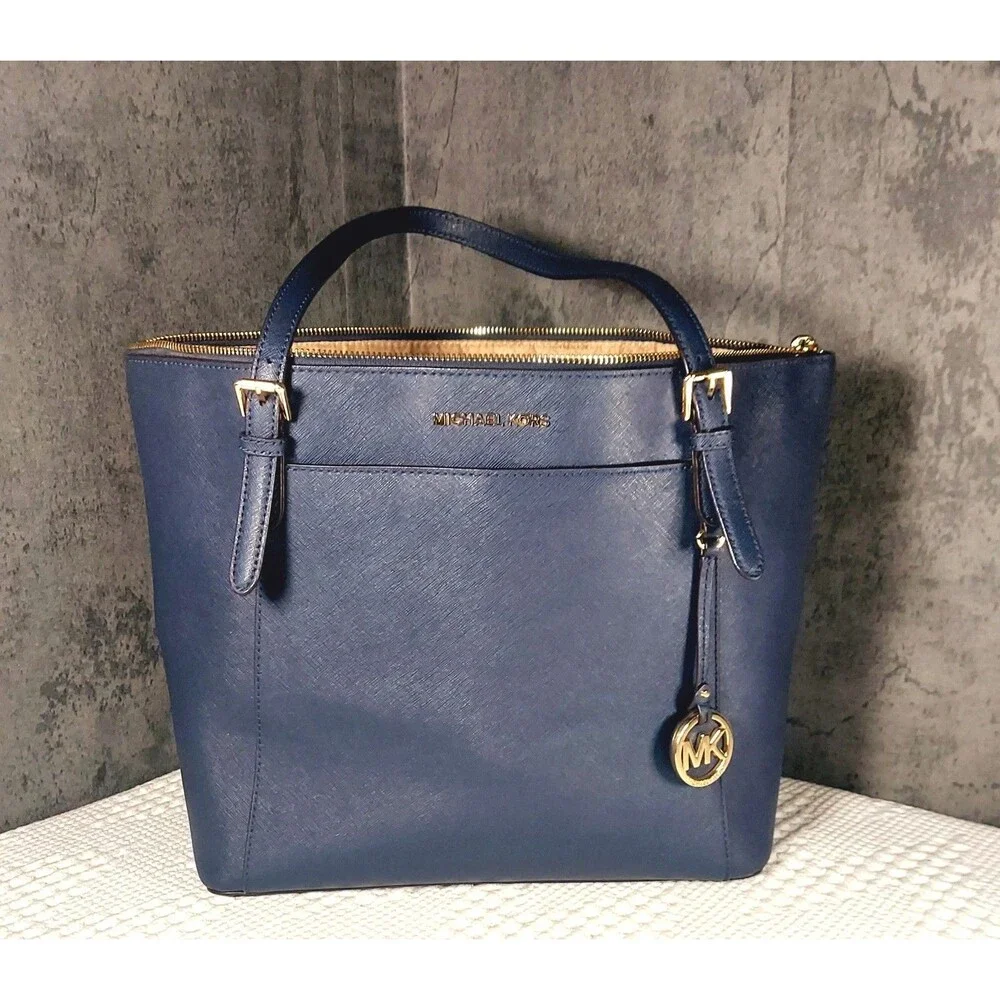 Michael Kors Navy Saffiano Leather Tote Bag Jet Set Travel Gold Logo Charm